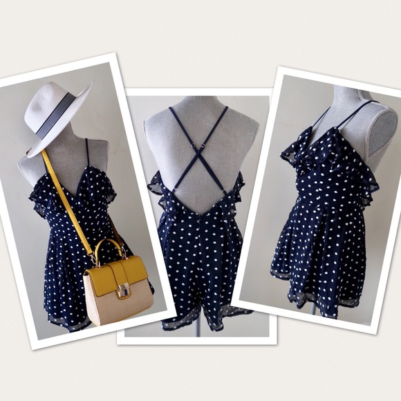 Pants - OLYA- Dazzling Navy and White Polka Dots Romper